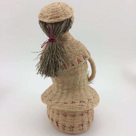 Handmade Woven Basket Woman Lady with Long Hair Figure Dress Folk Art 9" - Picture 4 of 16